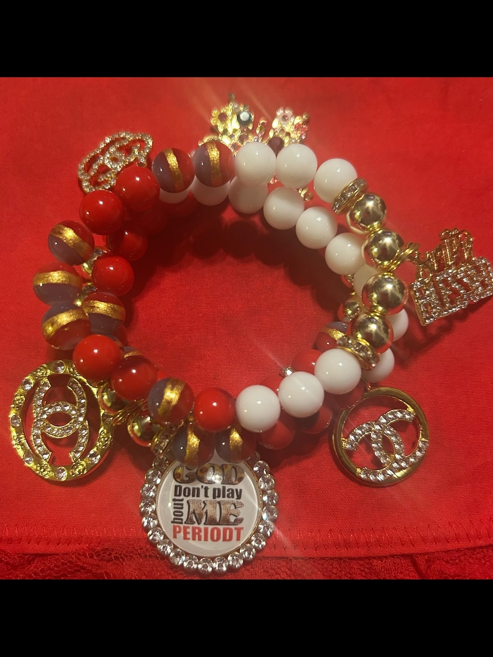 Red & White Beaded Charm Bracelet - Statement Women's Jewelry
